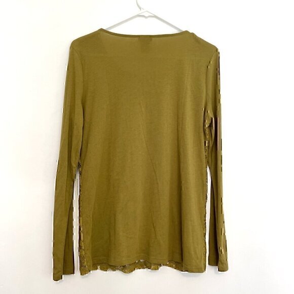 ANN TAYLOR Factory Split Pea Green Floral Lace Overlay Front Long Sleeve Tee Top - Picture 8 of 10